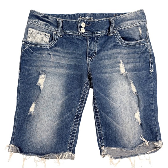 Amethyst Jeans Pants - Amethyst Jeans Womens Size 9 Blue Distressed Lace Pocket Bermuda Shorts Denim